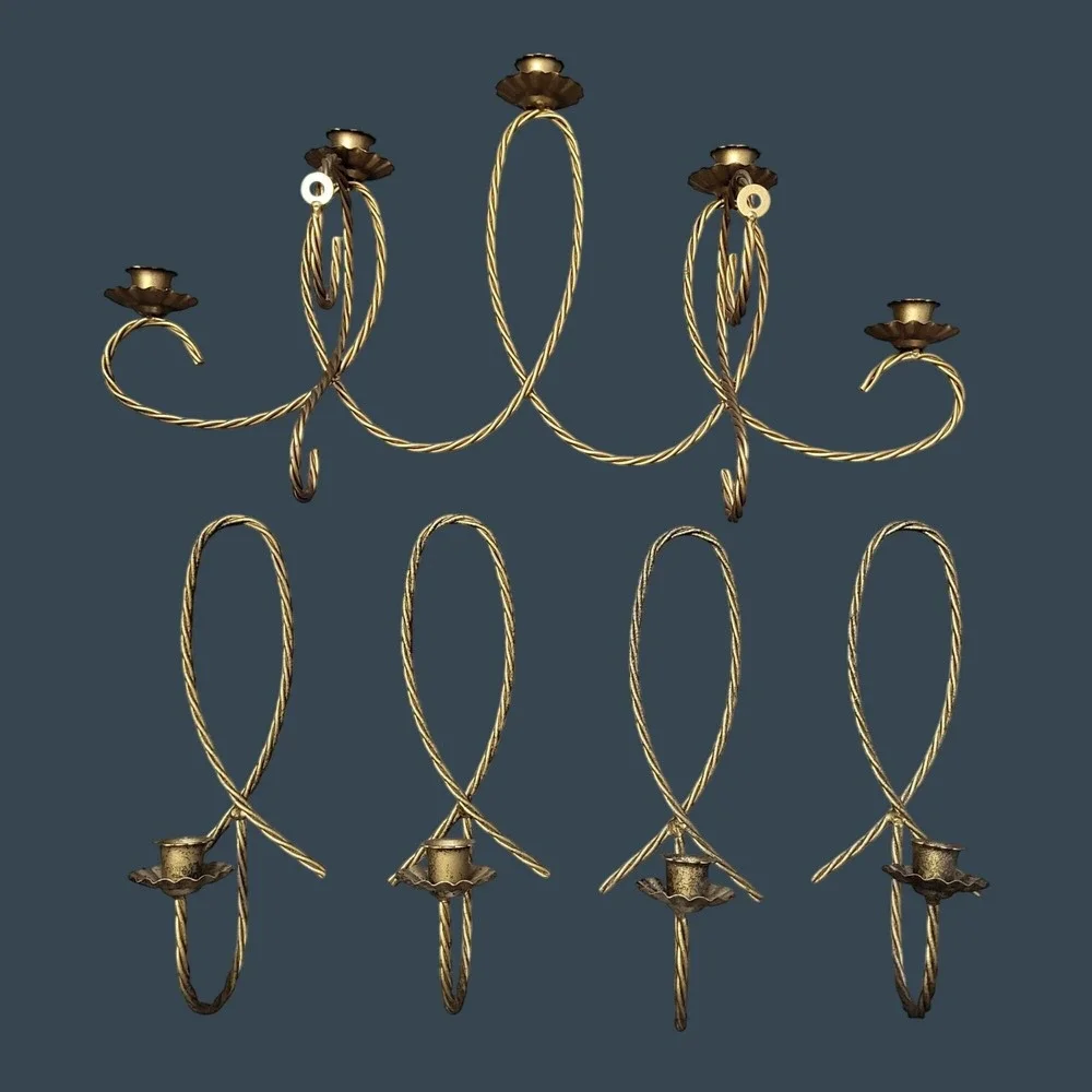 Vintage MCM Wall Candle Holder & Sconce Set Gold Tone Gilt Metal Rope Twisted